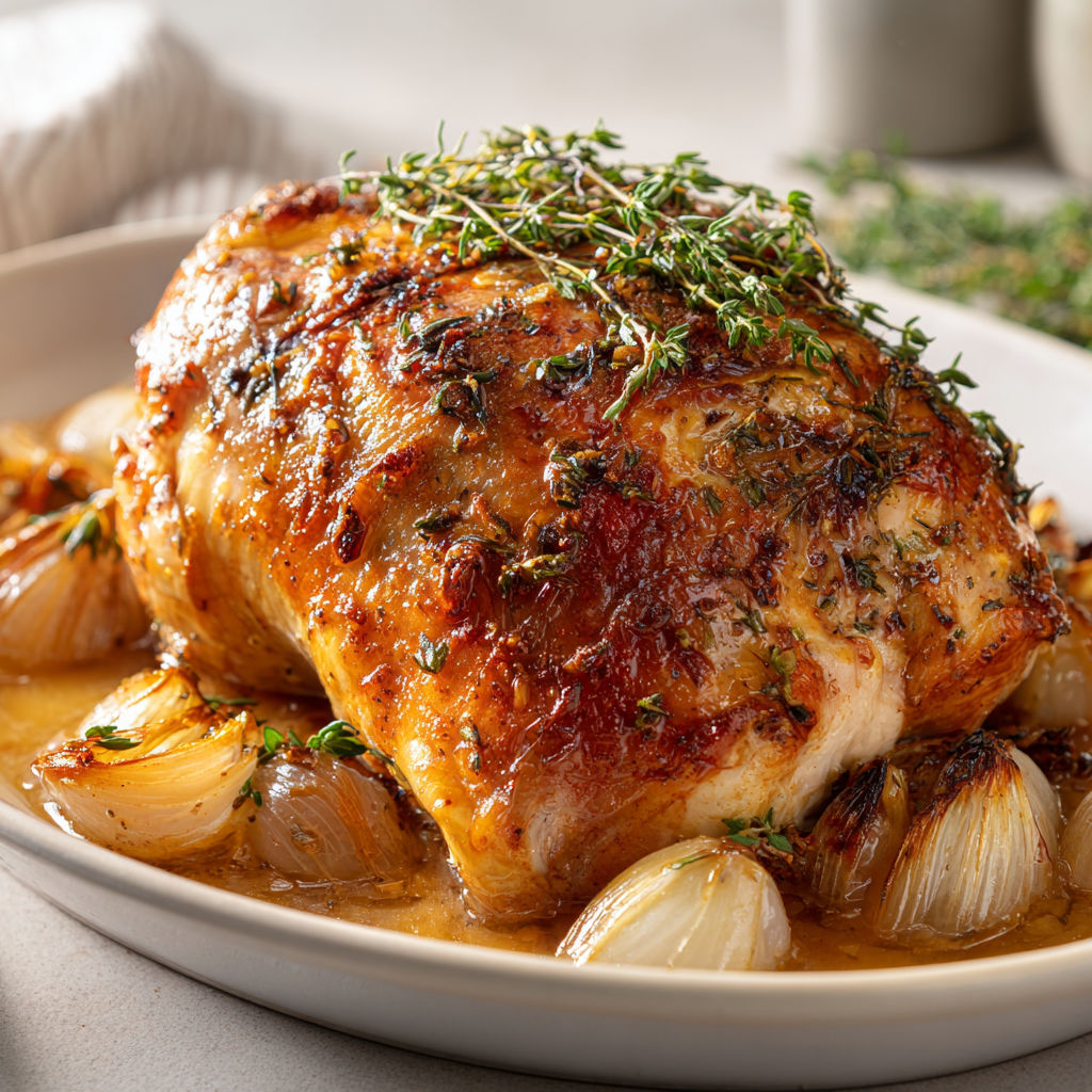 Une dinde cuite au four parfumée au thym et accompagnée de légumes, servie sur un plateau.