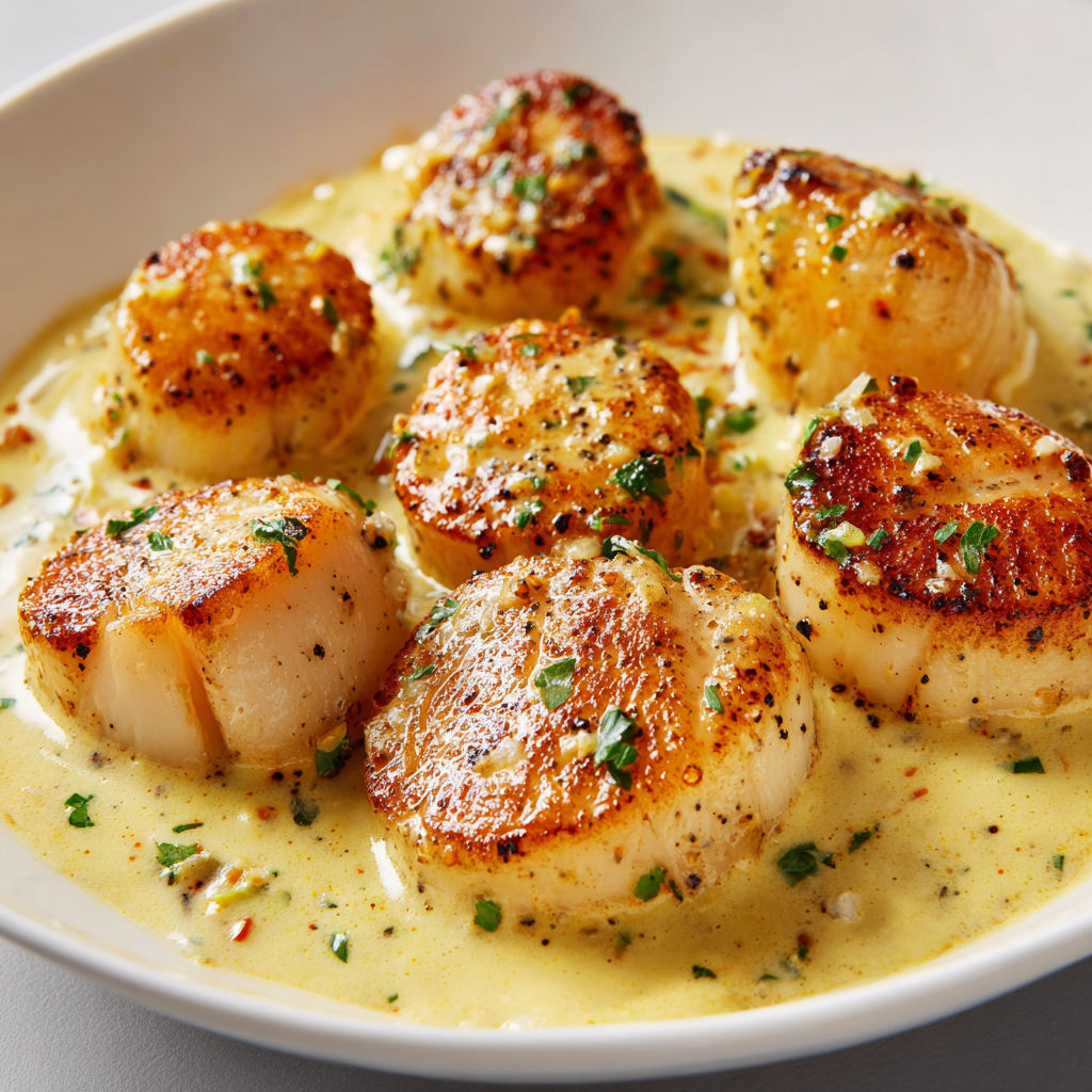 Saint-Jacques poêlées, sauce crème au curry toute douce.