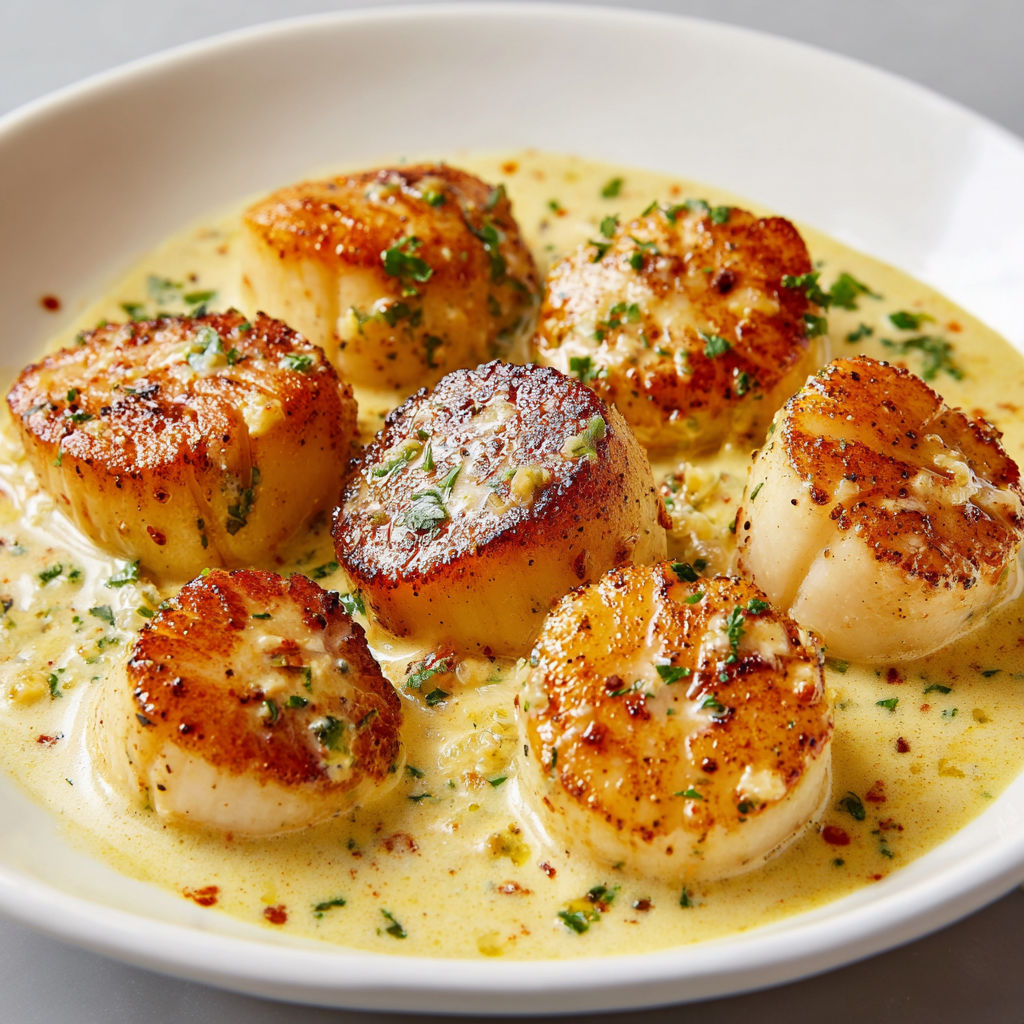 Noix de Saint-Jacques moelleuses, sauce crème au curry toute douce.