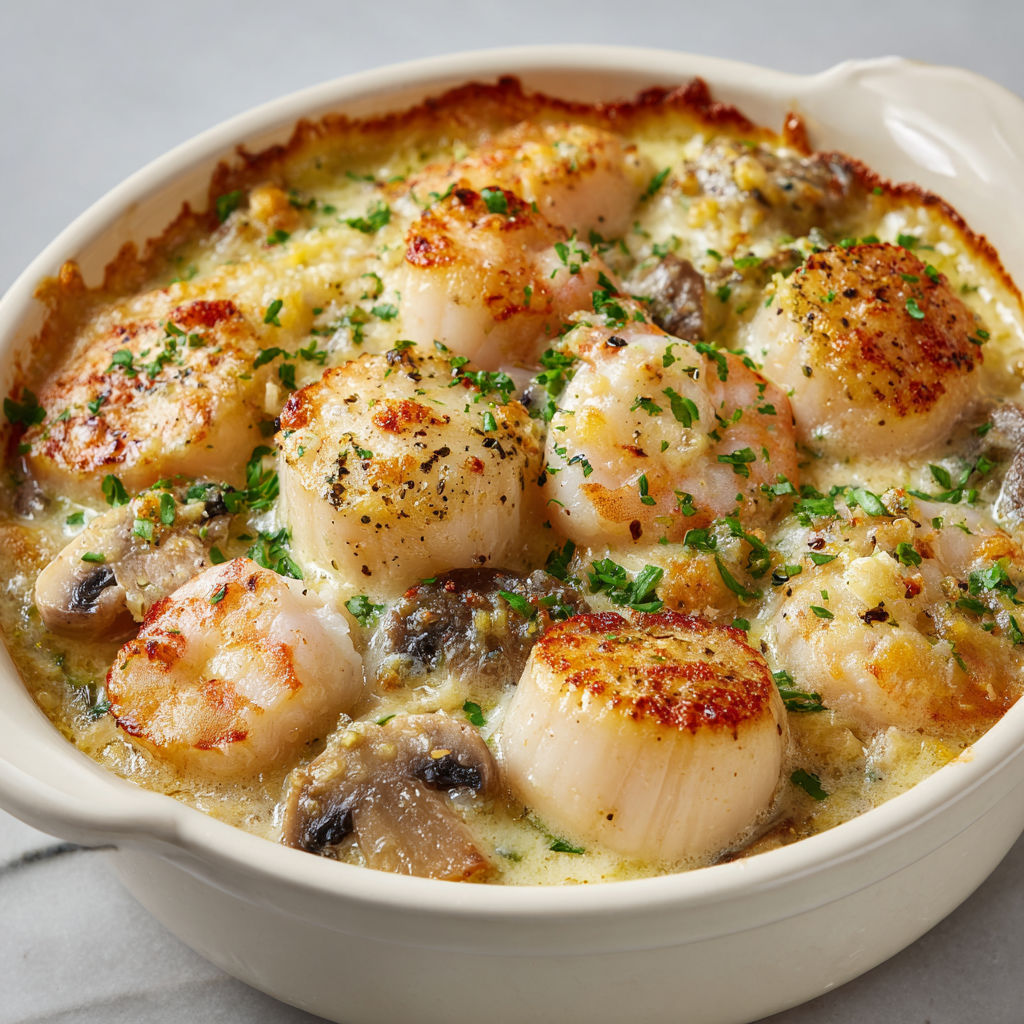 Savoureuses cassolettes aux Saint-Jacques dans une belle présentation en porcelaine.