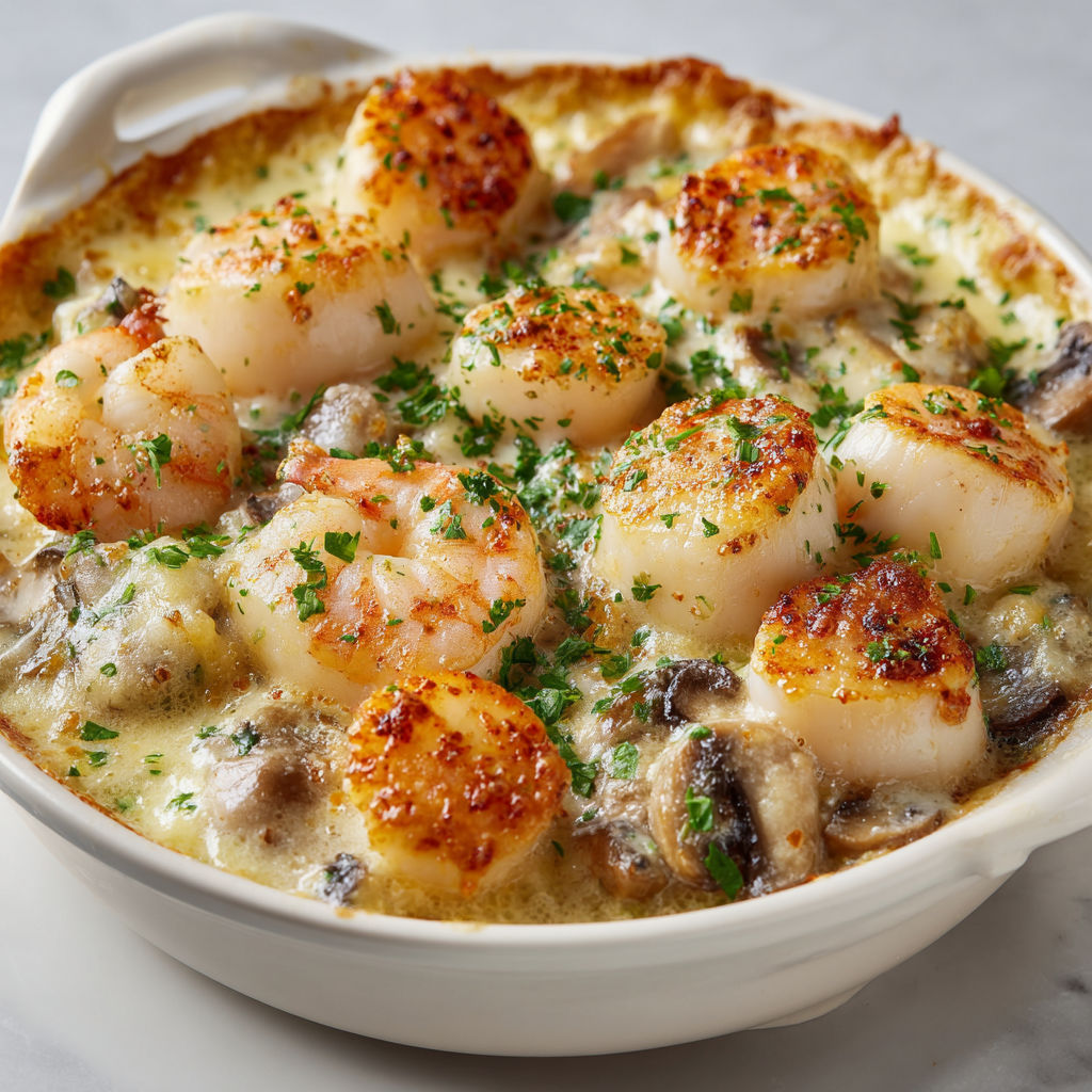 Cassolettes de Saint-Jacques servies dans un petit bol en porcelaine avec des champignons et des crevettes fraîches.