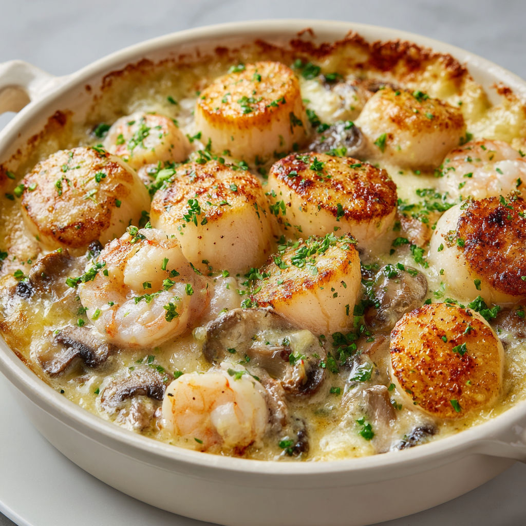 Cassolettes de Saint-Jacques servies avec des légumes et fruits de mer dans une jolie coupelle en porcelaine.