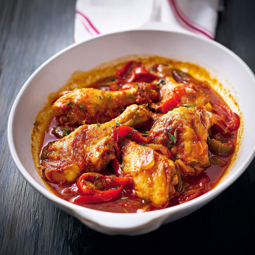 Assiette de poulet basquaise entourée de légumes colorés et herbes fraîches sur une table.