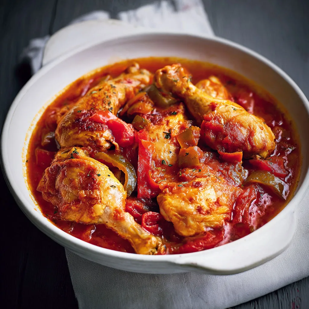 Poulet basquaise mijoté maison, typique du Pays basque.