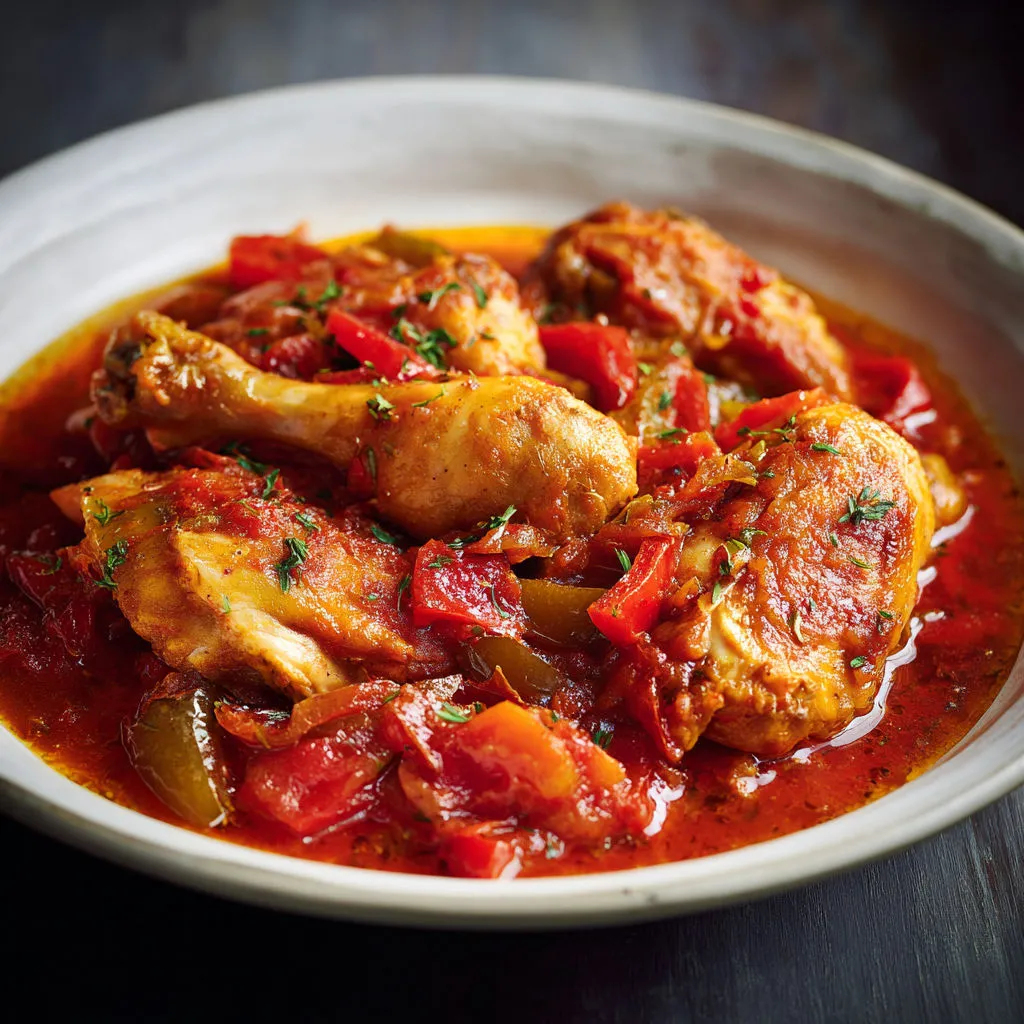 Plat de poulet savoureux aux légumes et épices, servi dans un bol.