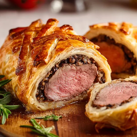 Une assiette avec une tranche de Wellington dorée, garnie d'herbes et accompagnée de légumes.
