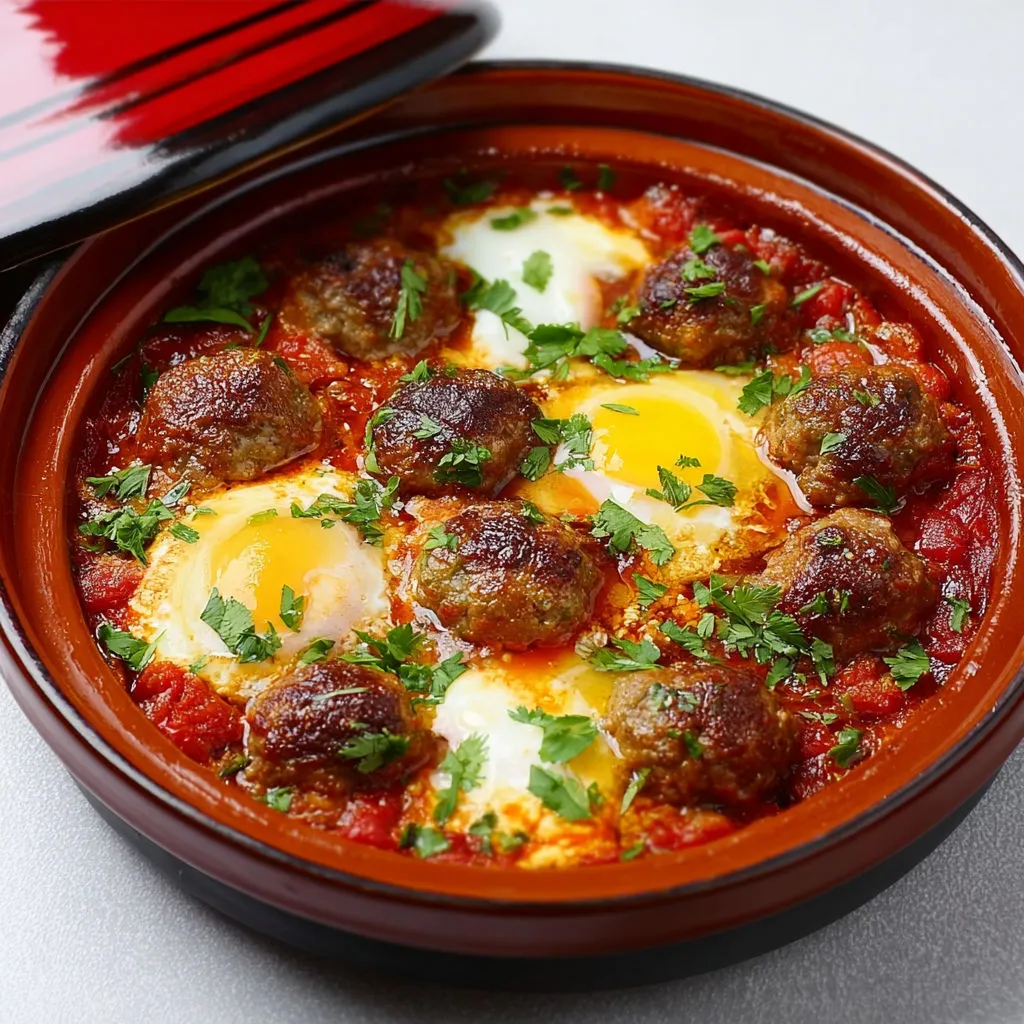 Délicieux tajine marocain avec keftas aux œufs, présenté dans un plat richement décoré.