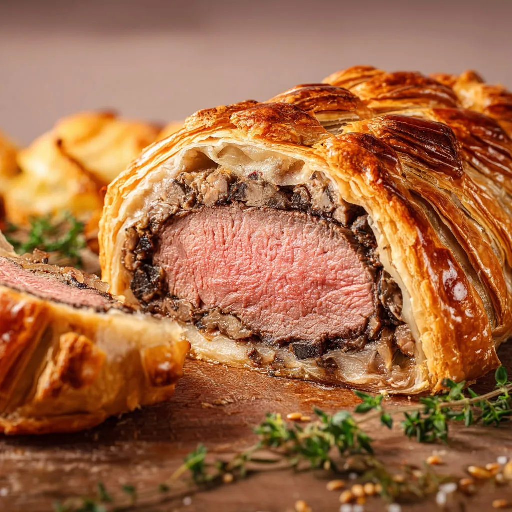 Bœuf Wellington croquant, farce fine et cœur tendre.