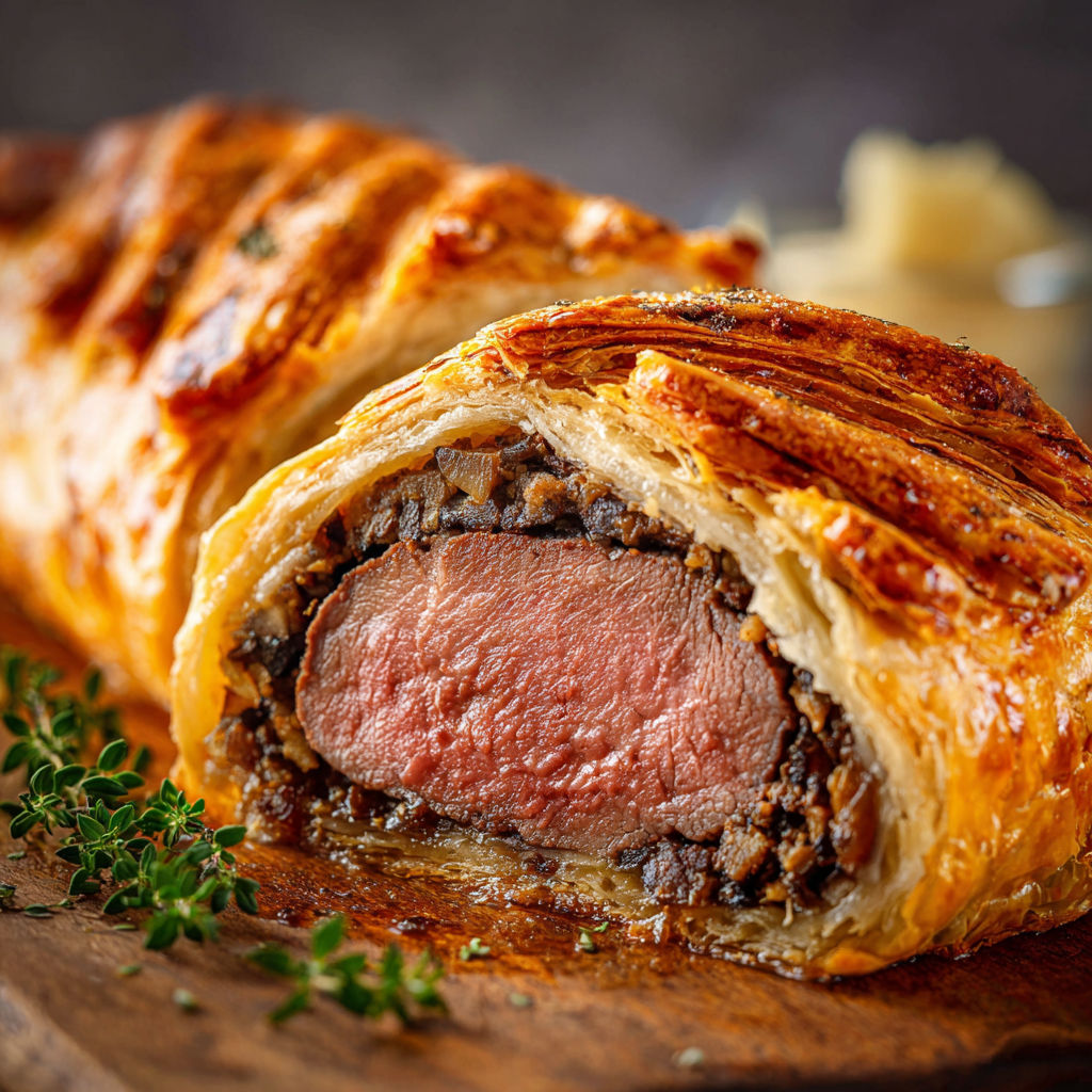 Un Wellington de bœuf grandiose à la pâte dorée et fondant à l’intérieur.