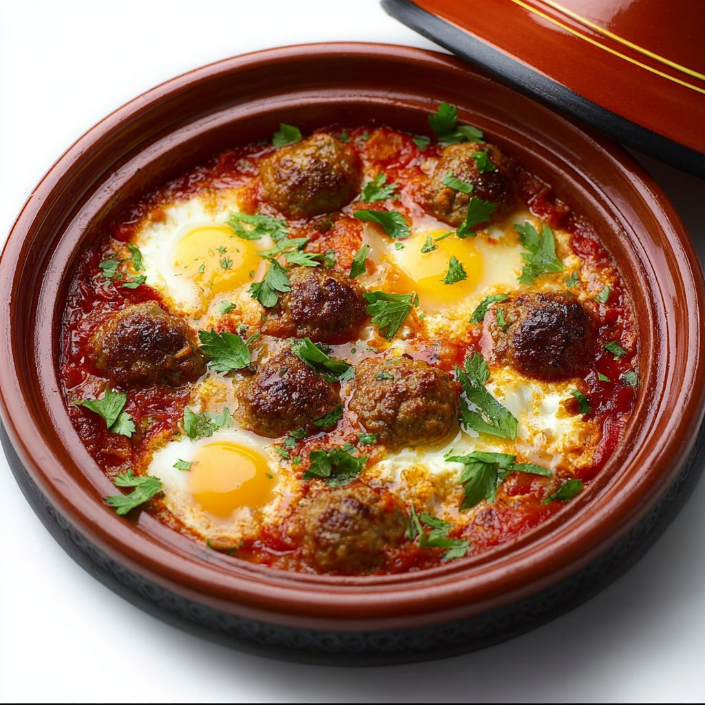Le tajine de kefta aux œufs : spécialité marocaine à base de viande, œufs, tomates et oignons.