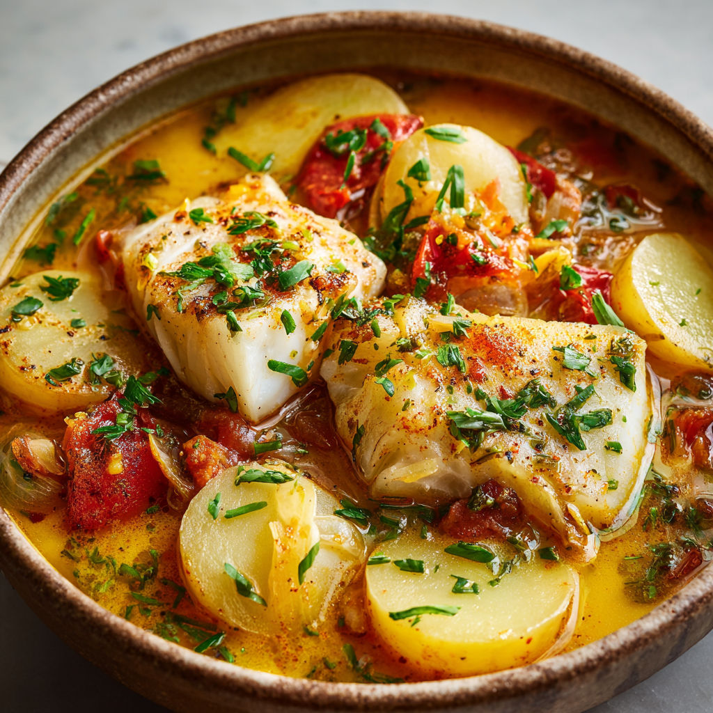 Cabillaud au safran et légumes méditerranéens, dans un bol savoureux.