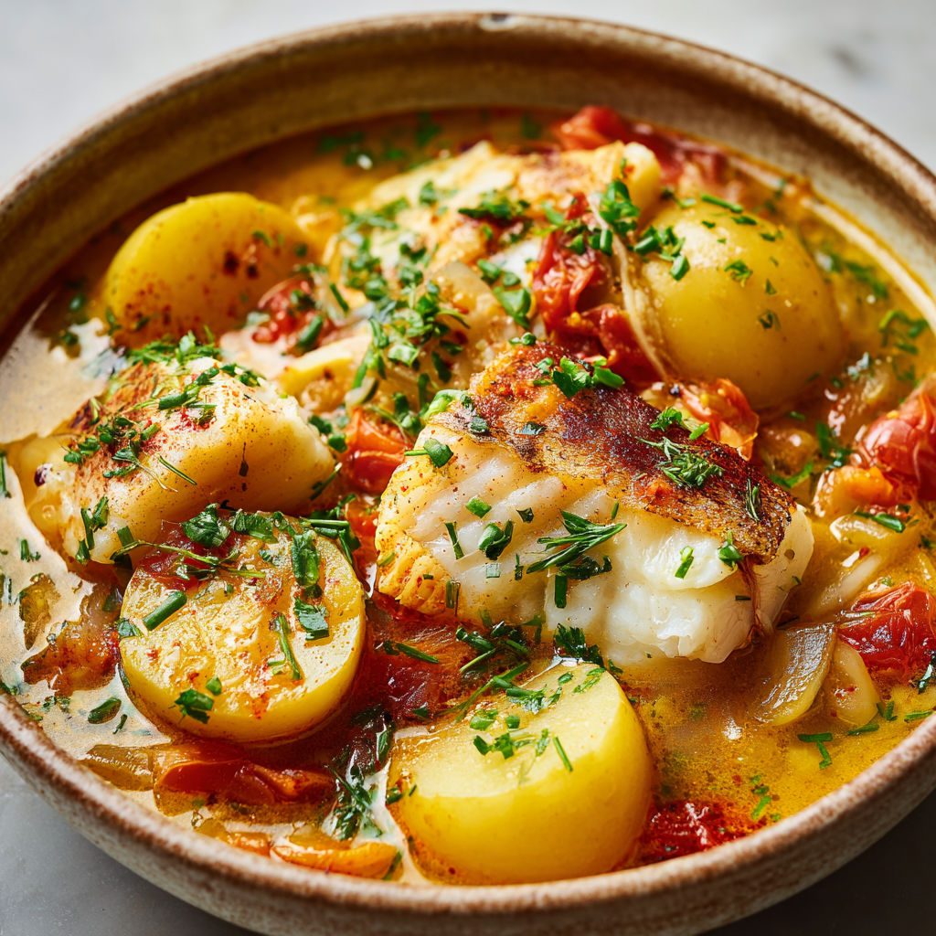 Bouillabaisse maison cabillaud et herbes du Sud, bien parfumée au safran.