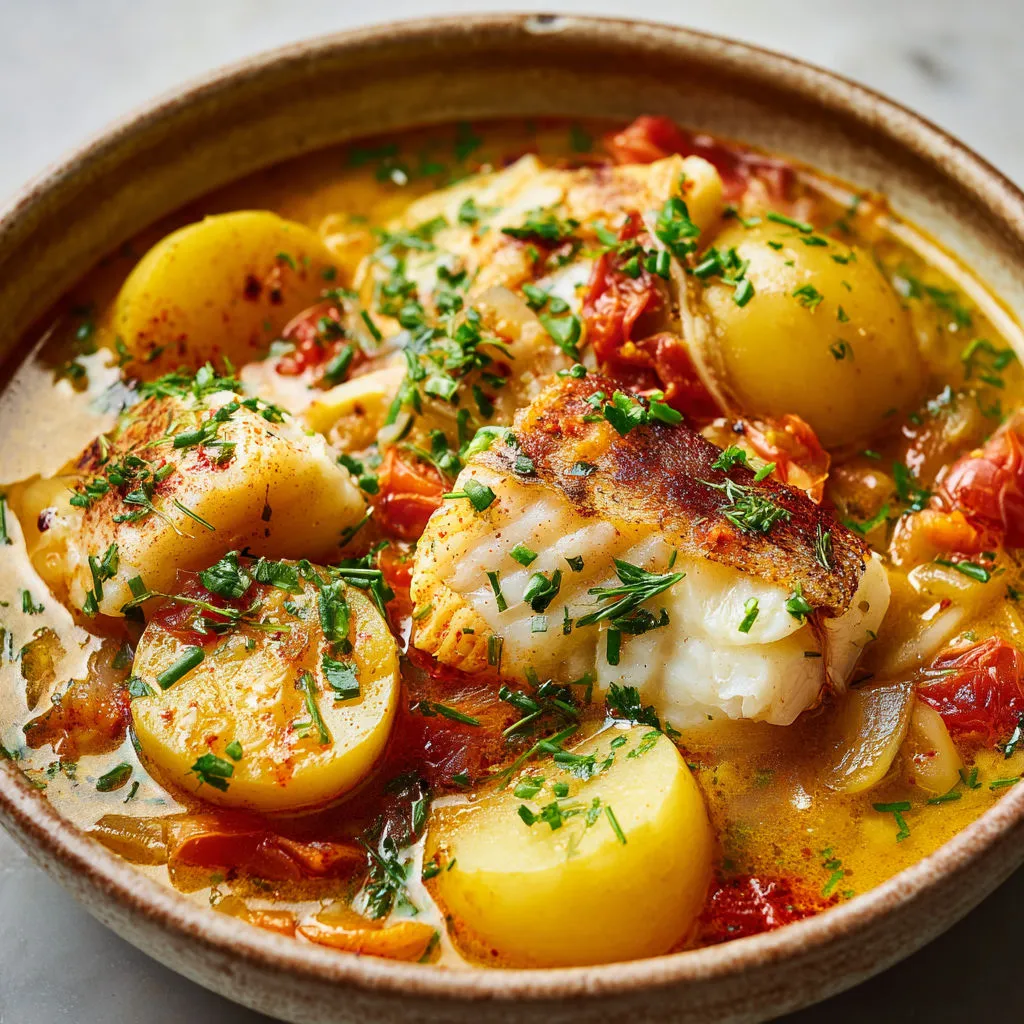 Bouillabaisse maison cabillaud et herbes du Sud, bien parfumée au safran.