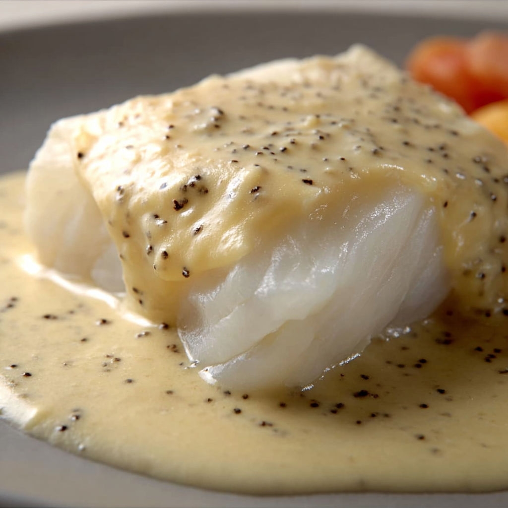 Cabillaud moelleux en papillote, nappé d’une sauce vanille gourmande.