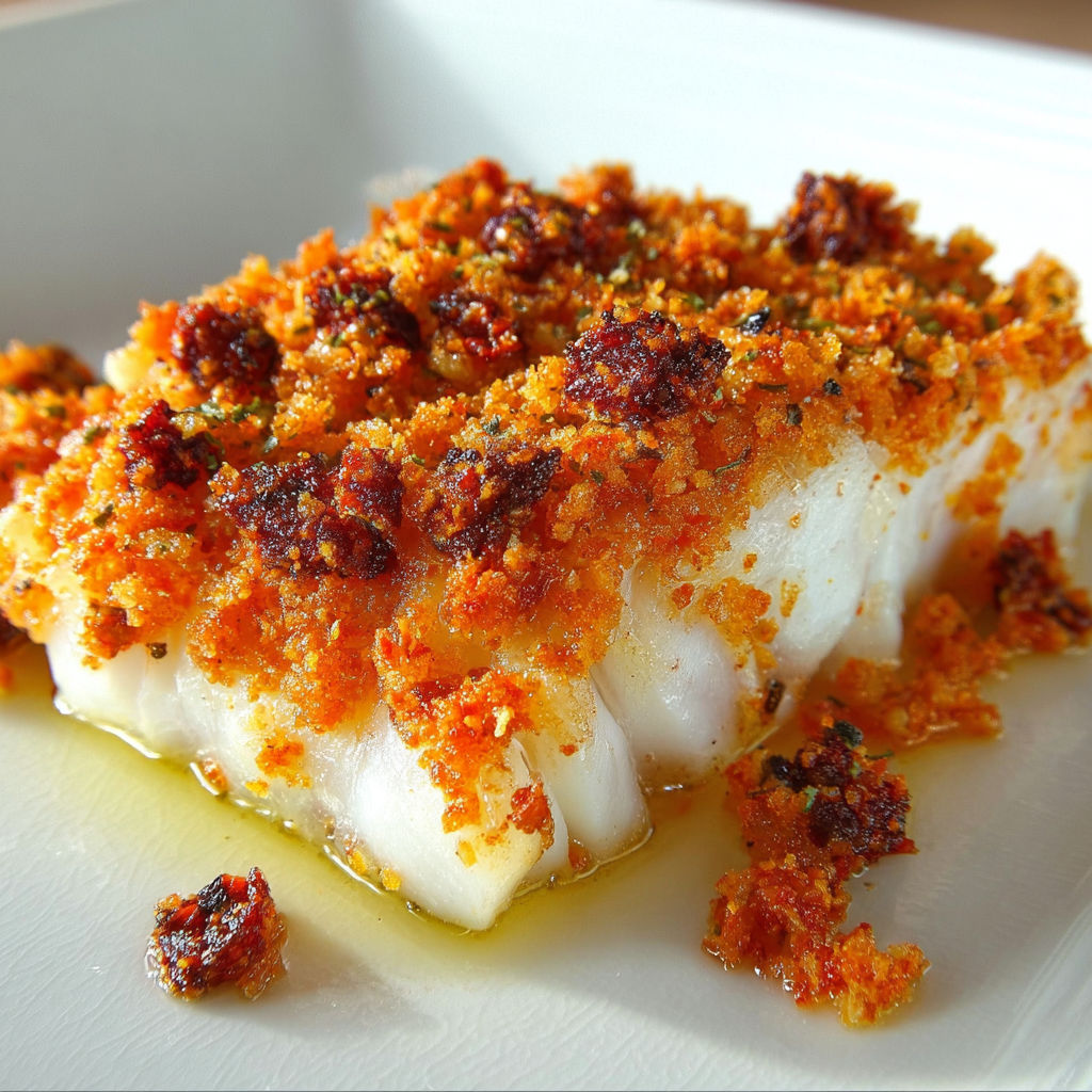 Du cabillaud au crumble au parmesan et chorizo, servi joliment sur une assiette.