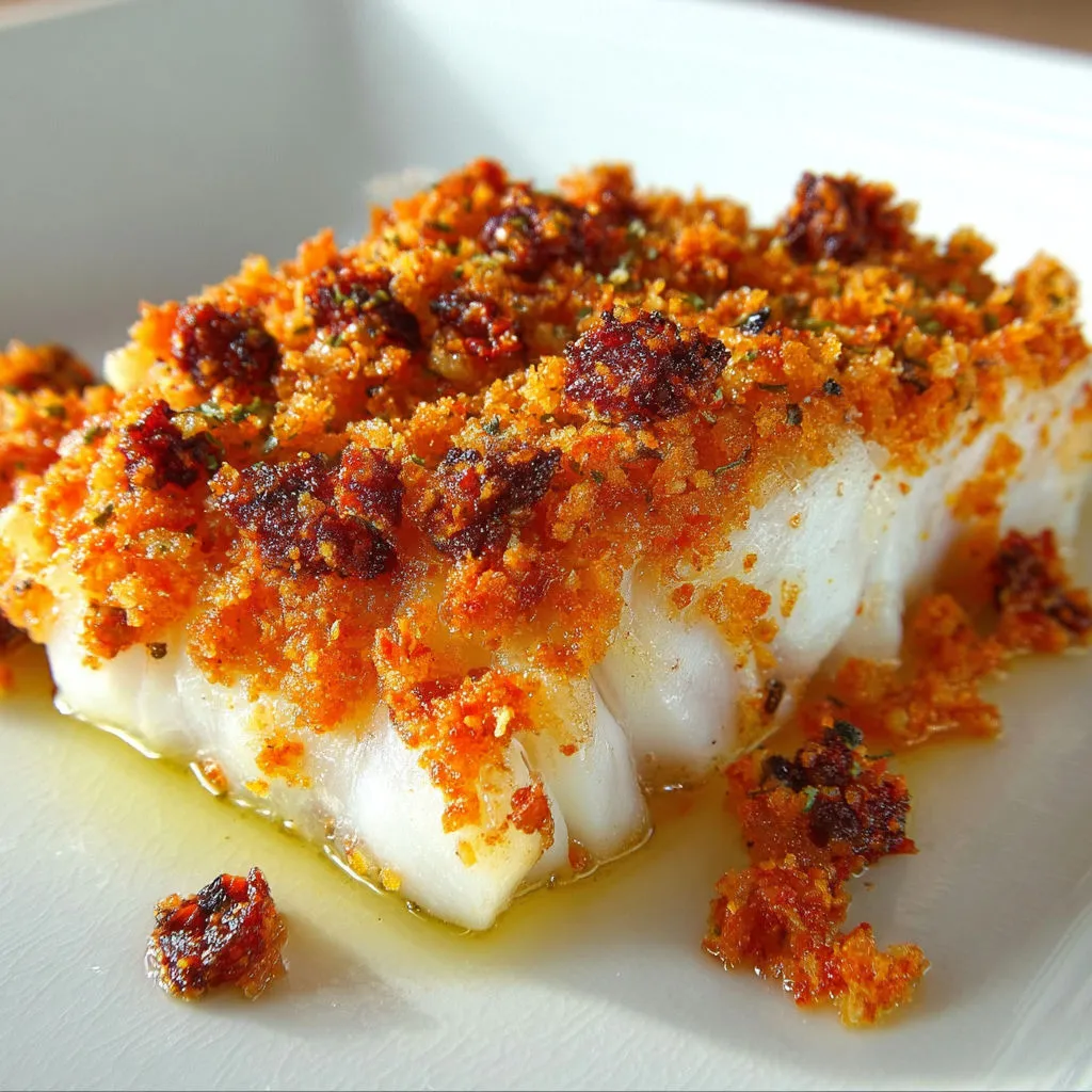 Du cabillaud au crumble au parmesan et chorizo, servi joliment sur une assiette.