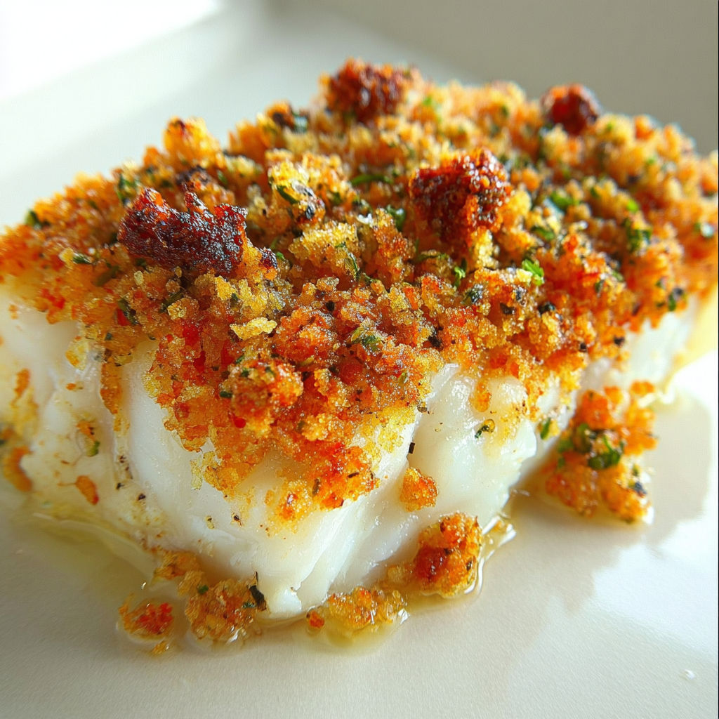 Dos de cabillaud tendre nappé d’un crumble croustillant au chorizo et parmesan.