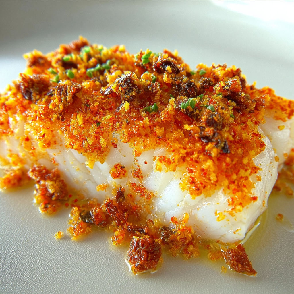 Dos de cabillaud délicat sous une croûte croustillante de chorizo et parmesan.