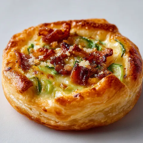 Une délicieuse bouchée feuilletée aux poireaux, Comté et bacon croustillant sur une table blanche.