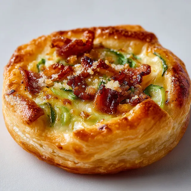 Une délicieuse bouchée feuilletée aux poireaux, Comté et bacon croustillant sur une table blanche.