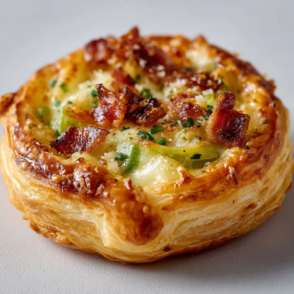 Une petite tarte feuilletée aux poireaux, Comté et Bacon, sur une jolie table blanche.