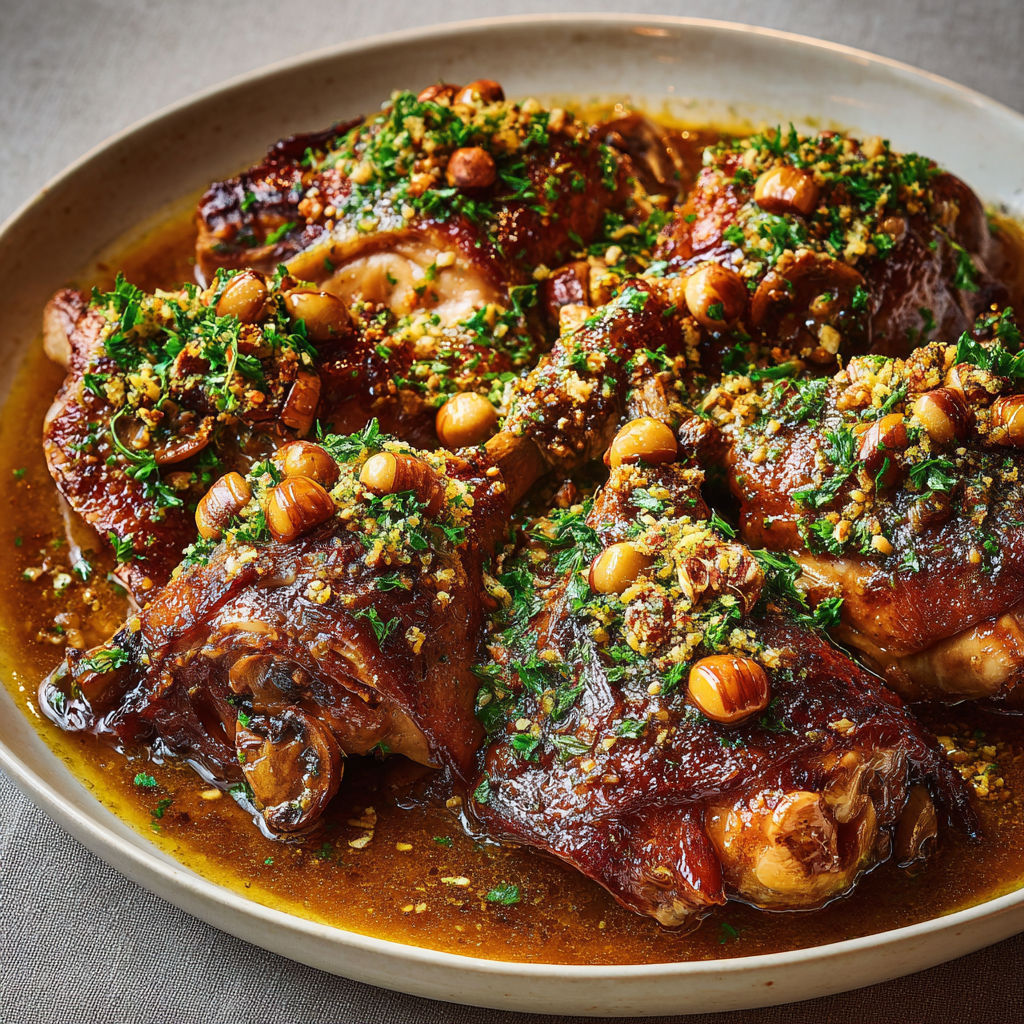 Dindon gourmand avec châtaignes et sauce riche.