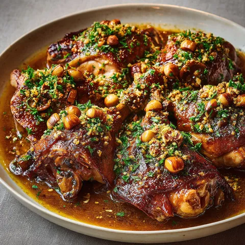 Dindon gourmand avec châtaignes et sauce riche.