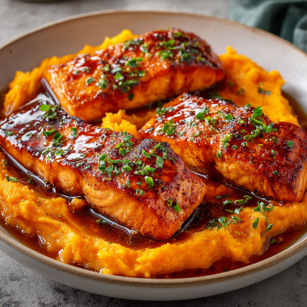Saumon nappé de sirop d'érable et accompagné de patates douces fondantes.
