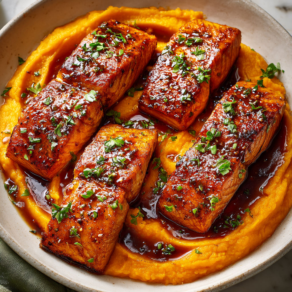 Pavé de saumon caramélisé à l’érable avec purée de patates douces toute douce.
