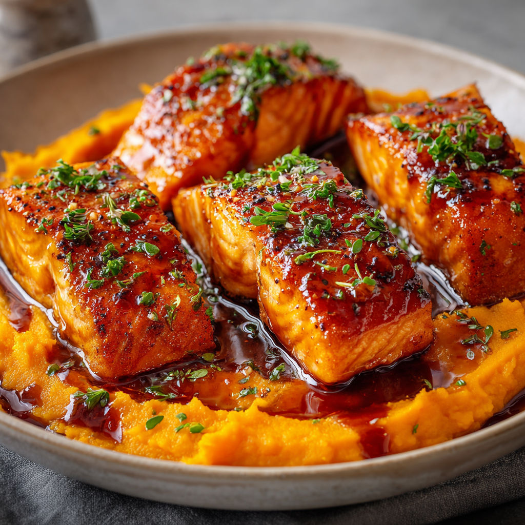 Saumon caramélisé à l’érable, purée de patates douces douce et festive.