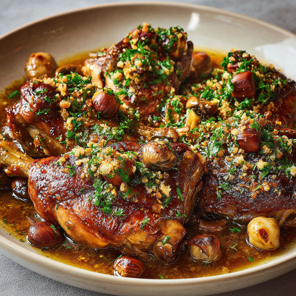 Dindon ultra tendre nappé de sauce vin blanc cognac, châtaignes croustillantes au top.