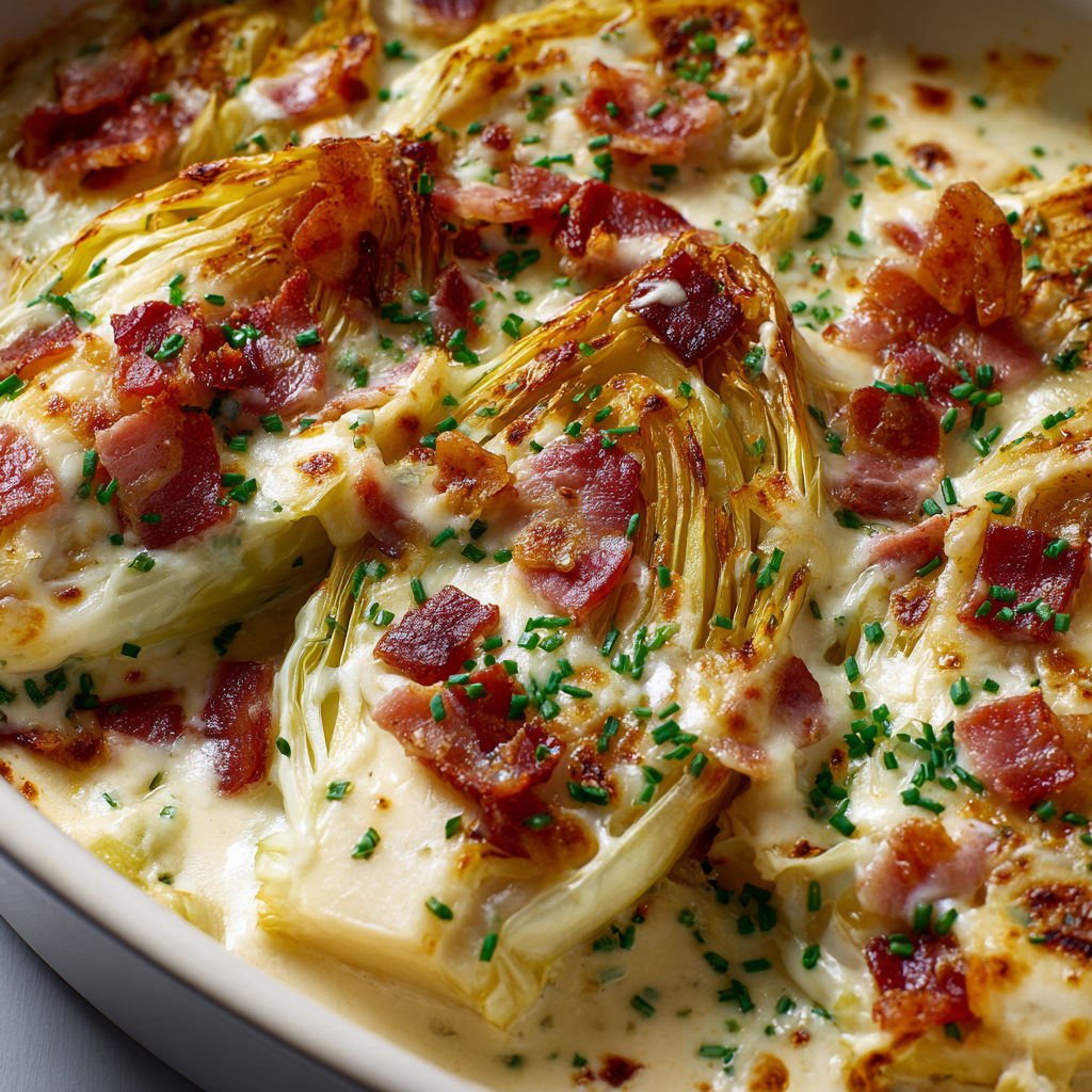 Des endives gratinées avec du bacon, servies fumantes.