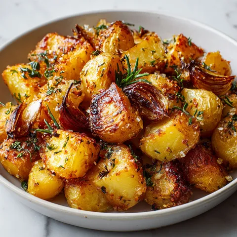 Une assiette bien présentée de pommes de terre dorées au four, garnies d’herbes avec des légumes, prête à être savourée.
