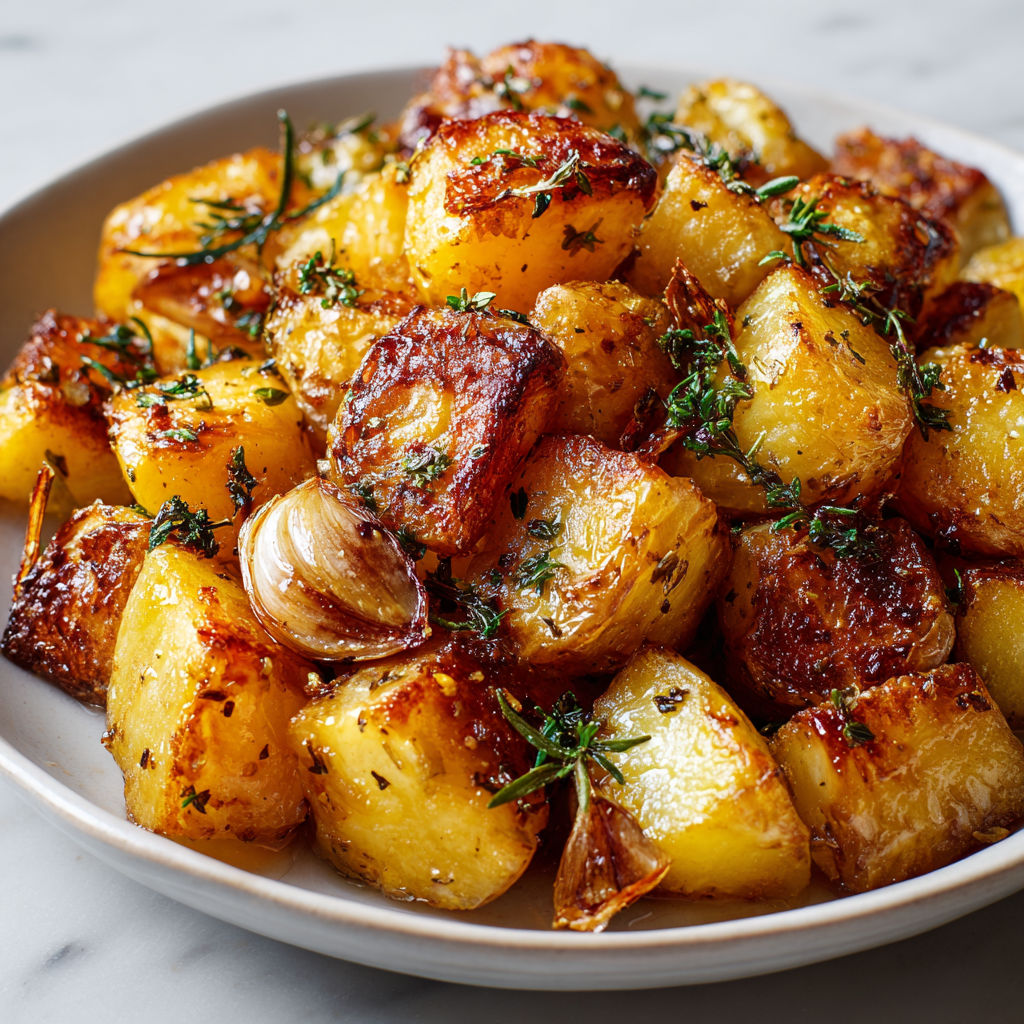 Des pommes de terre sautées garnies d’herbes et d’épices, posées à côté de pommes de terre rôties.