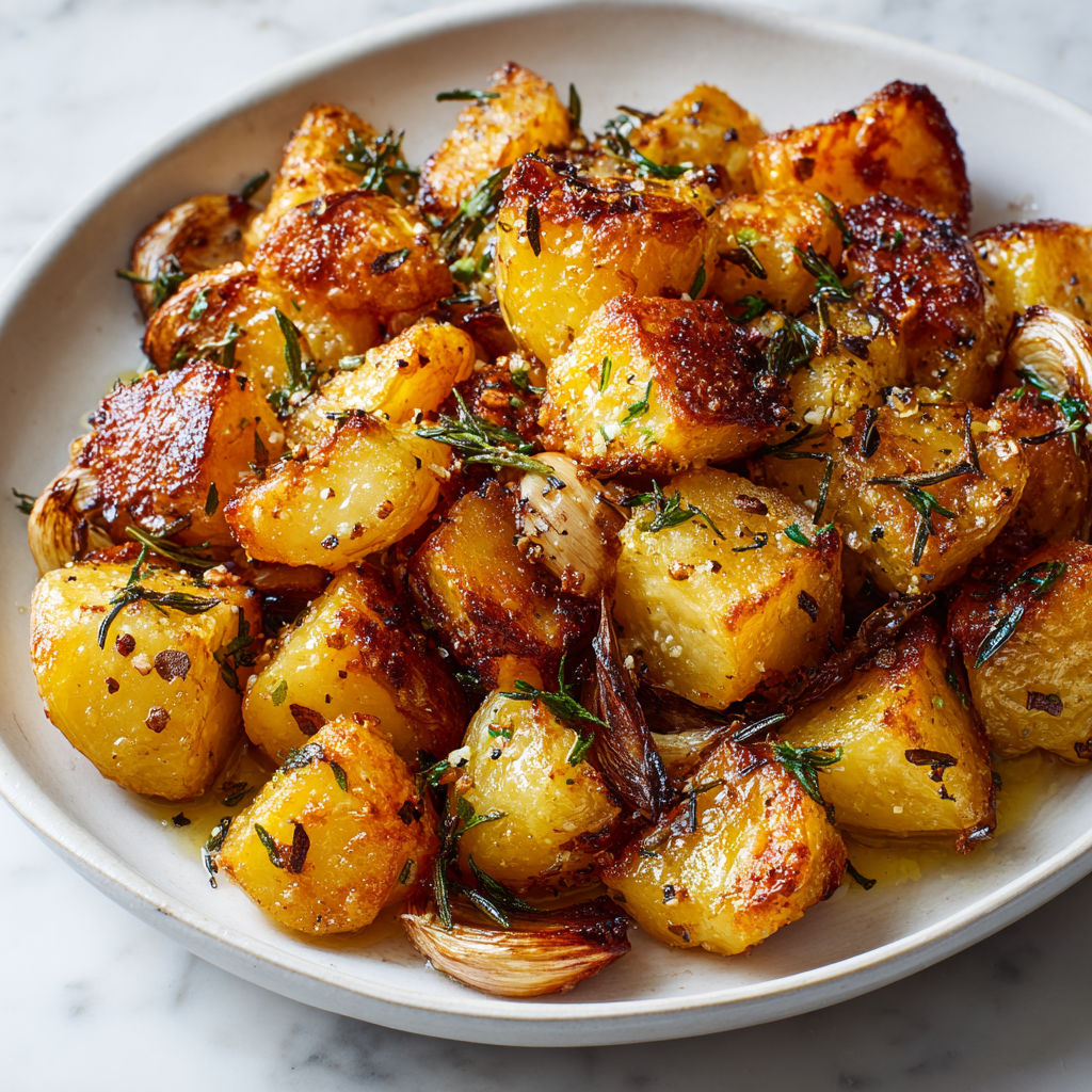 Des pommes de terre sautées avec des herbes et des légumes, servies avec une sauce bien gourmande.
