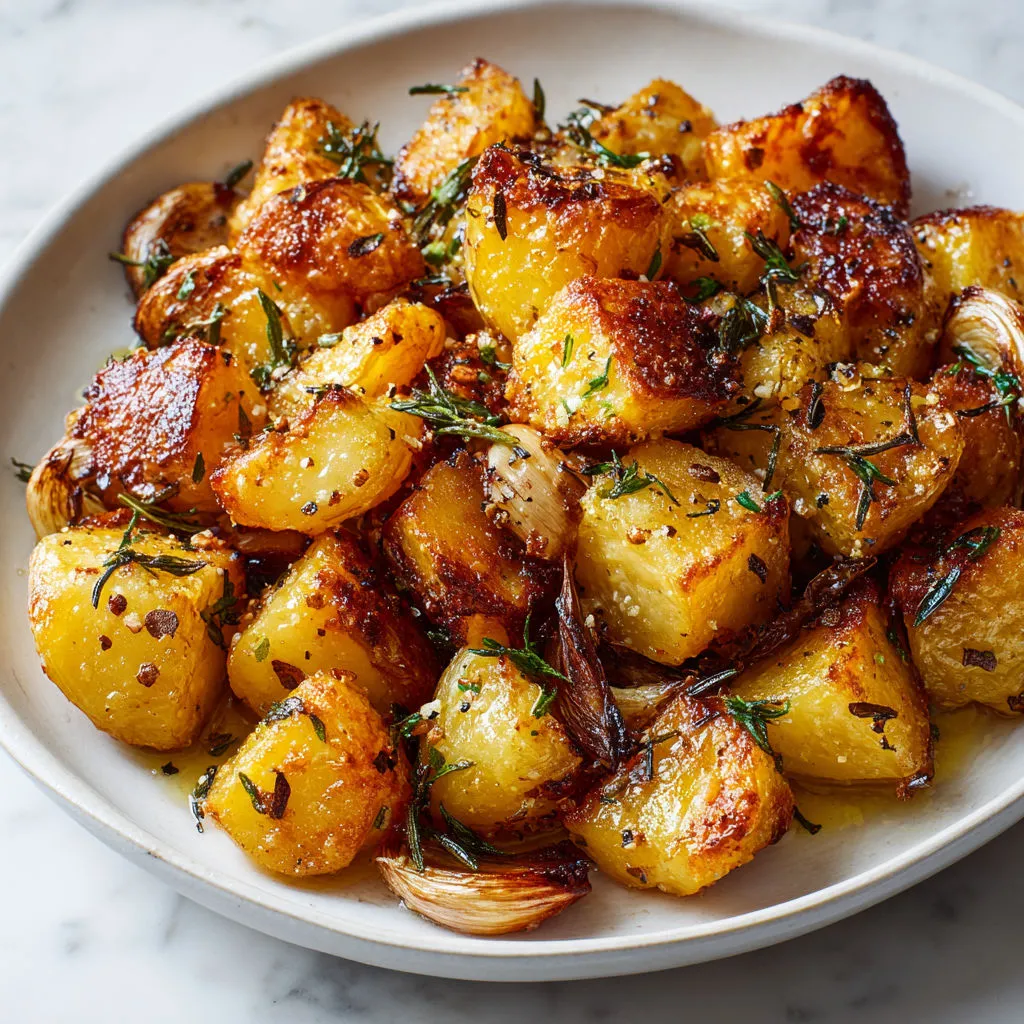 Des pommes de terre sautées avec des herbes et des légumes, servies avec une sauce bien gourmande.