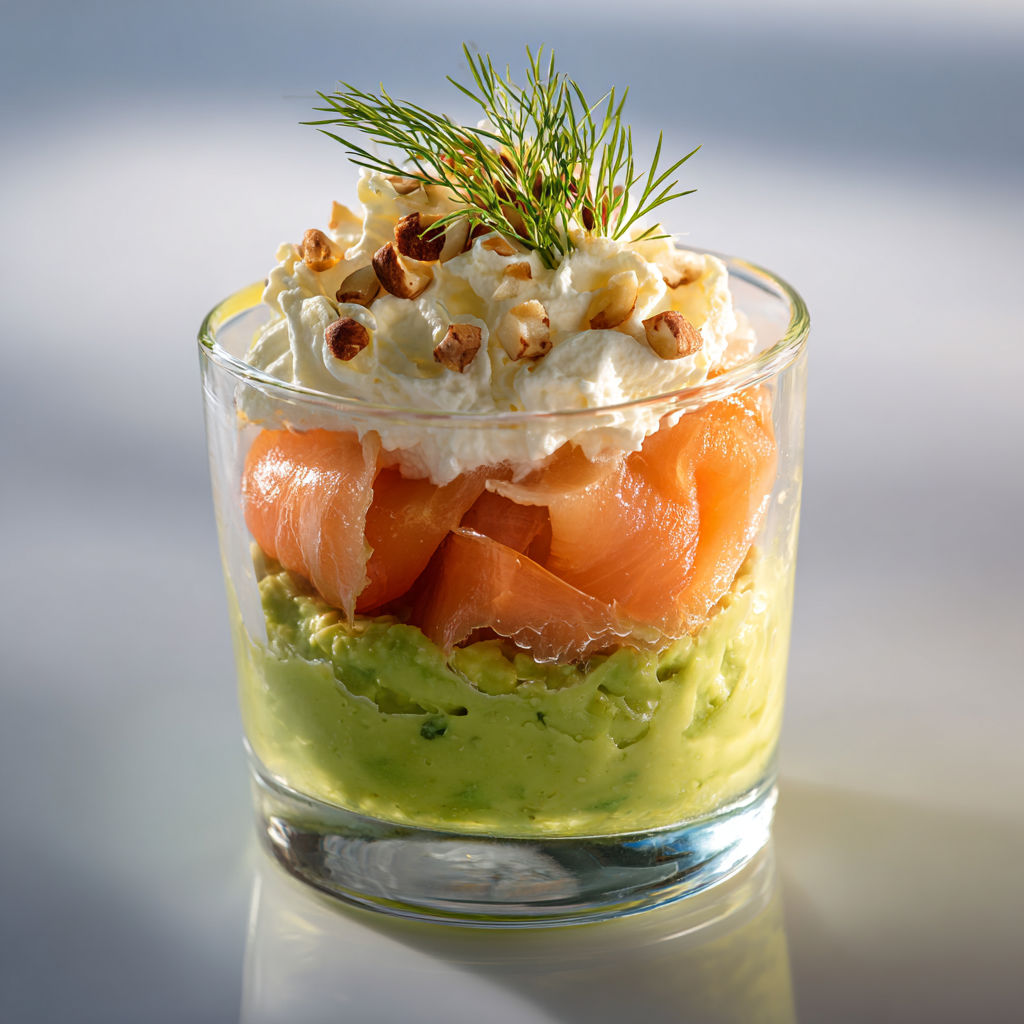 Une verrine mêlant saumon fumé et avocat délicatement préparée.