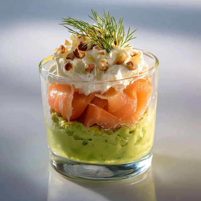 Une verrine mêlant saumon fumé et avocat délicatement préparée.