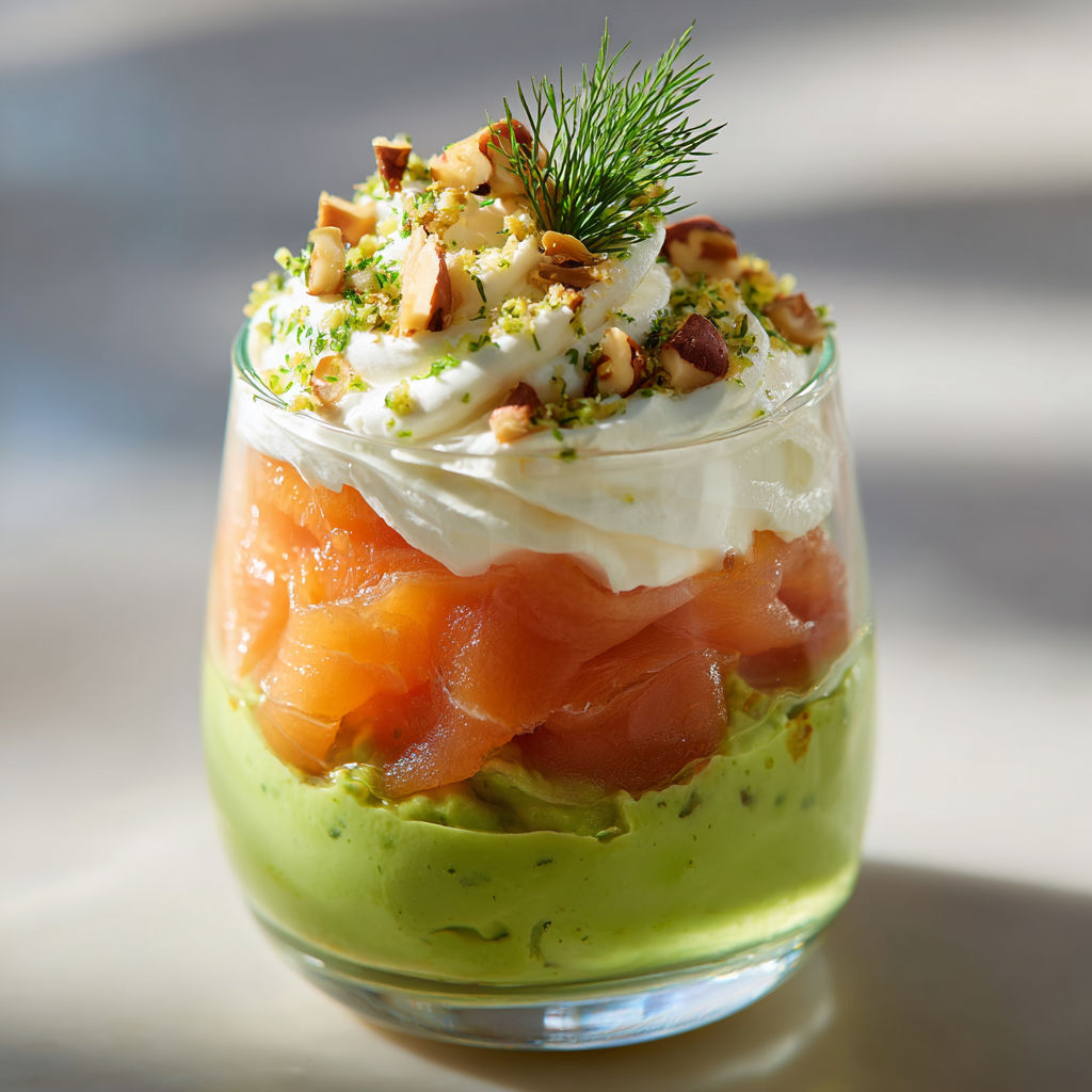 Une verrine au saumon fumé avec mousse d’avocat dans un verre.