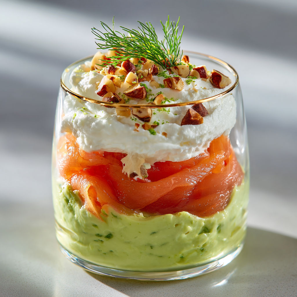 Une verrine au saumon fumé et crème d’avocat dans un verre transparent.