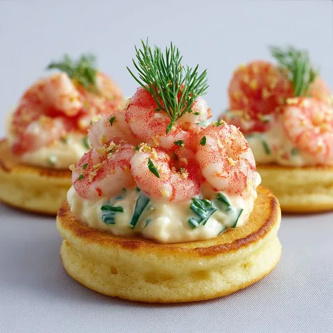 Blinis moelleux garnis de crevettes et sauce légère au citron, accompagnés d’un soupçon d’aneth.