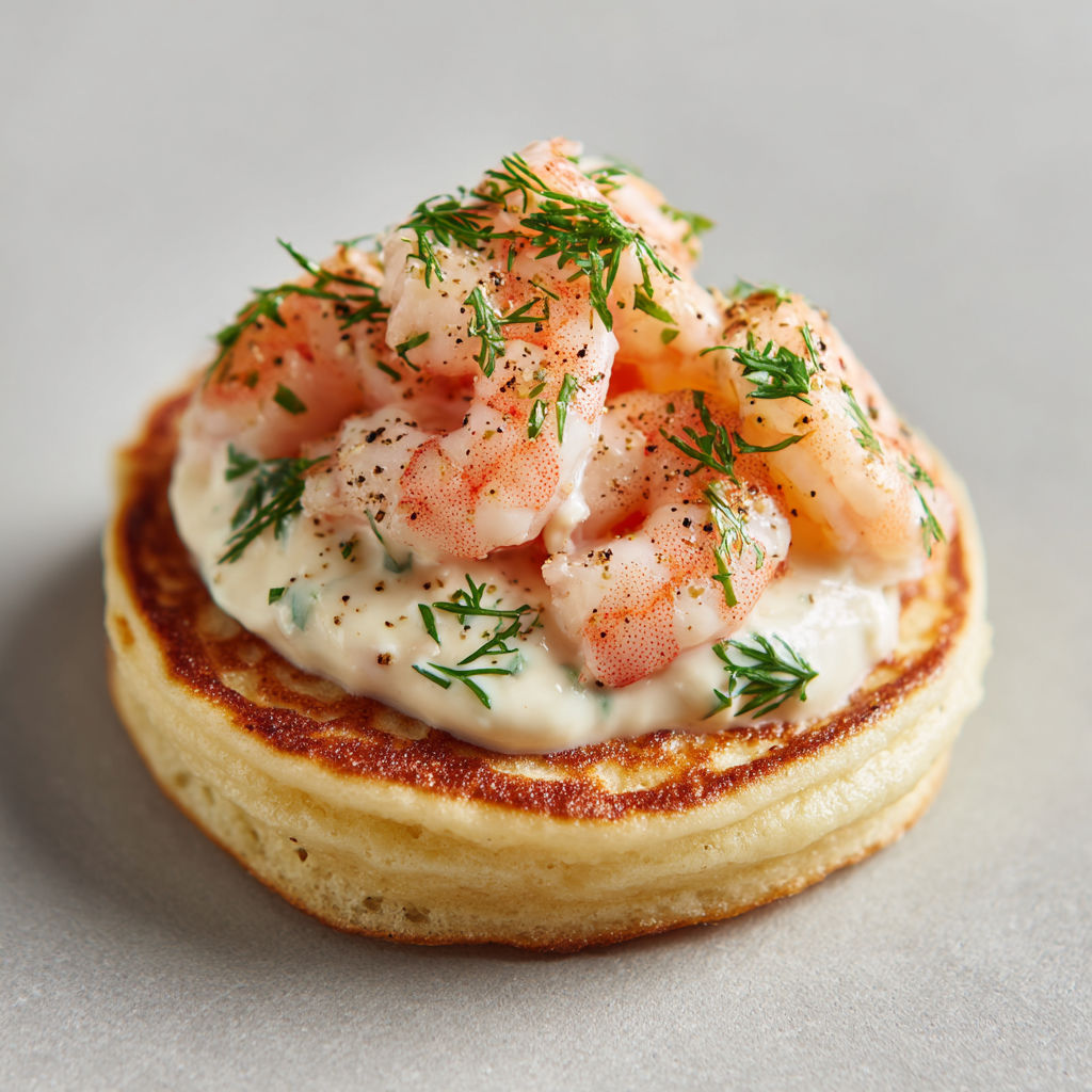 Petits blinis avec crevettes et sauce légère à l’aneth.