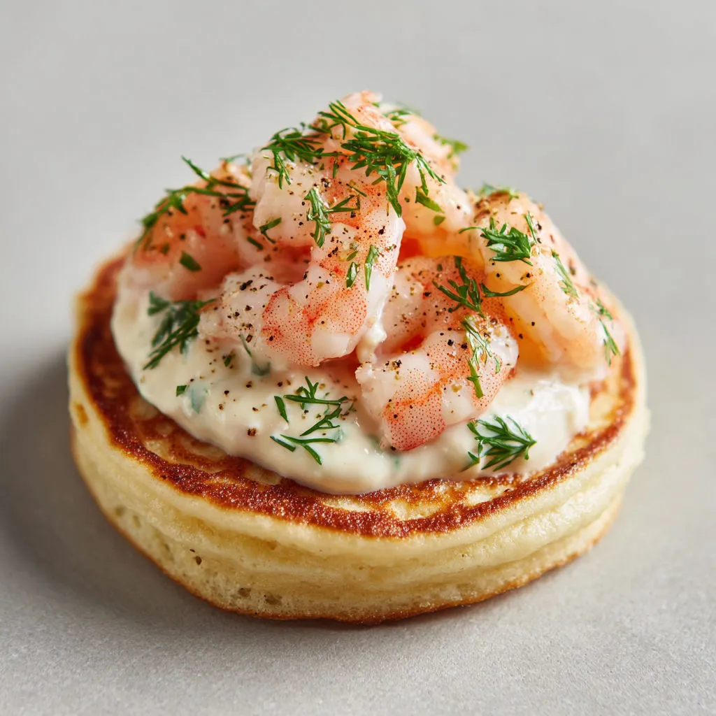 Petits blinis avec crevettes et sauce légère à l’aneth.