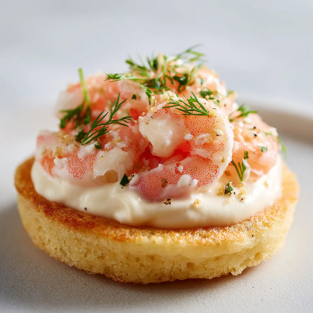 Blinis doux avec crevettes et sauce maison aux herbes.