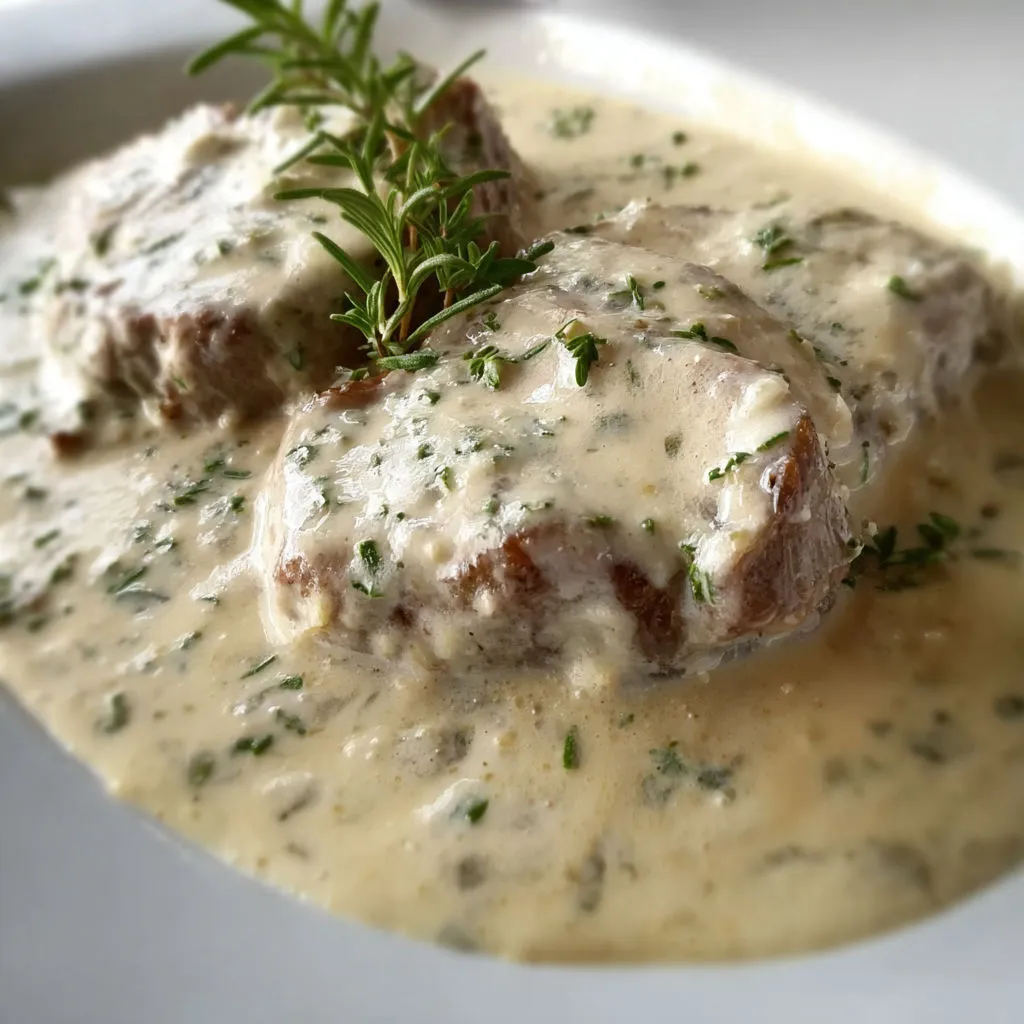 Gros tournedos bien nappé de crème légère en cocotte, une pincée de persil pour la touche finale.