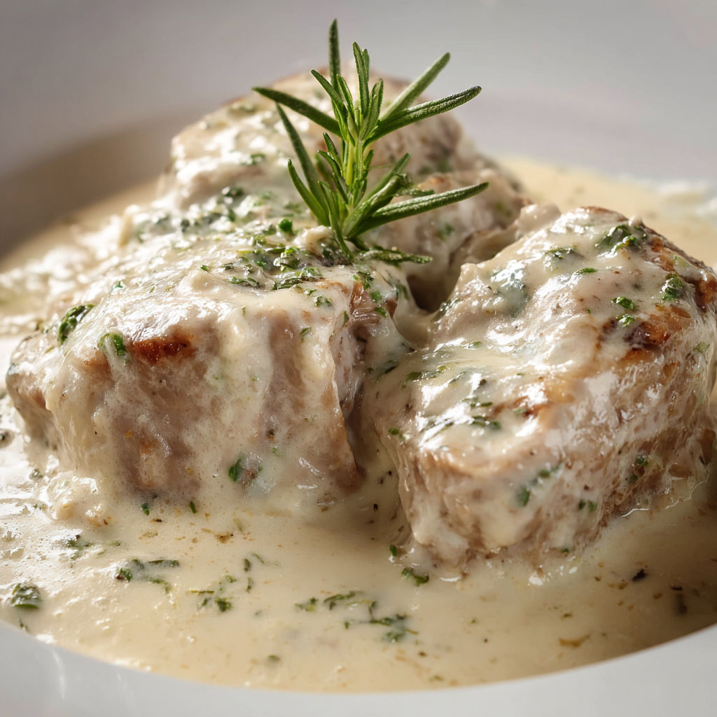 Tournedos nappé de crème légère, tout droit sorti de la cocotte, très appétissant et raffiné.