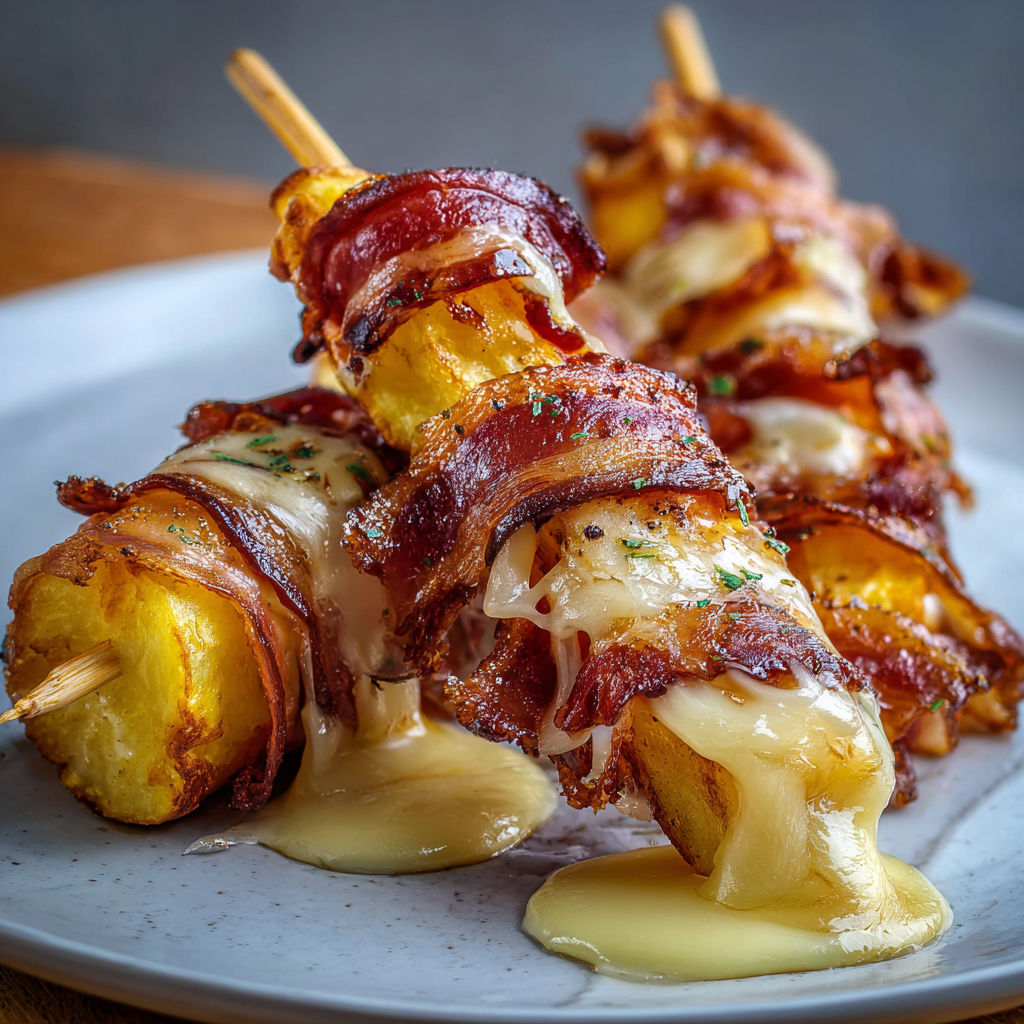 Brochettes d’hiver croustillantes avec pommes de terre, poitrine fumée et fromage fondu.