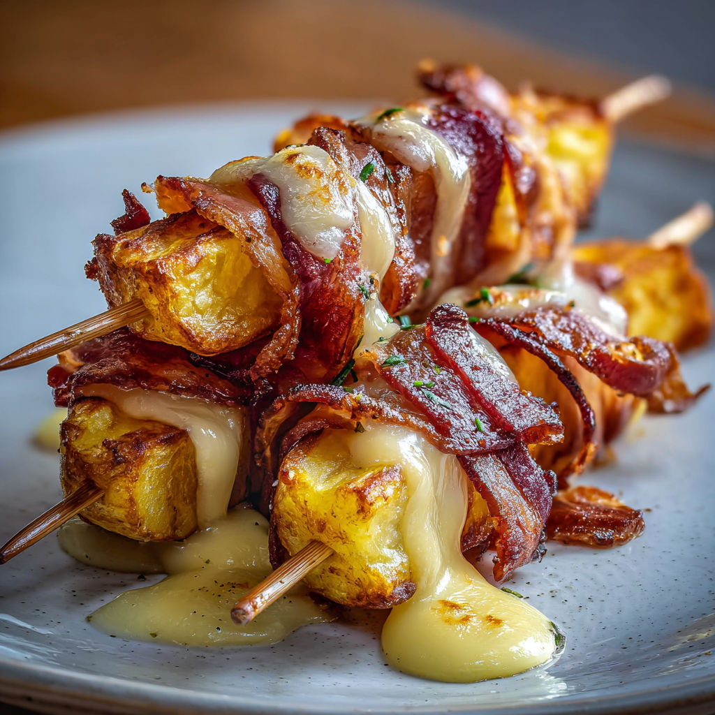 Brochettes fondantes façon raclette avec frites dorées et poitrine croustillante.