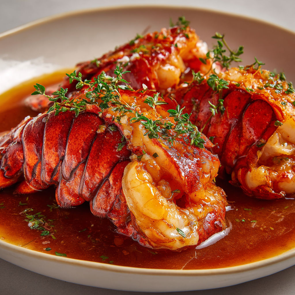 Langouste tendre cuisinée dans une sauce savoureuse au vin blanc et cognac.