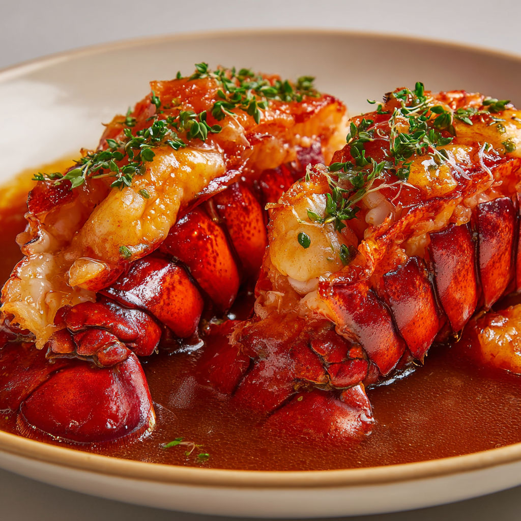 Queues de langouste nappées d’une sauce généreuse, saveurs marines épicées en finesse.